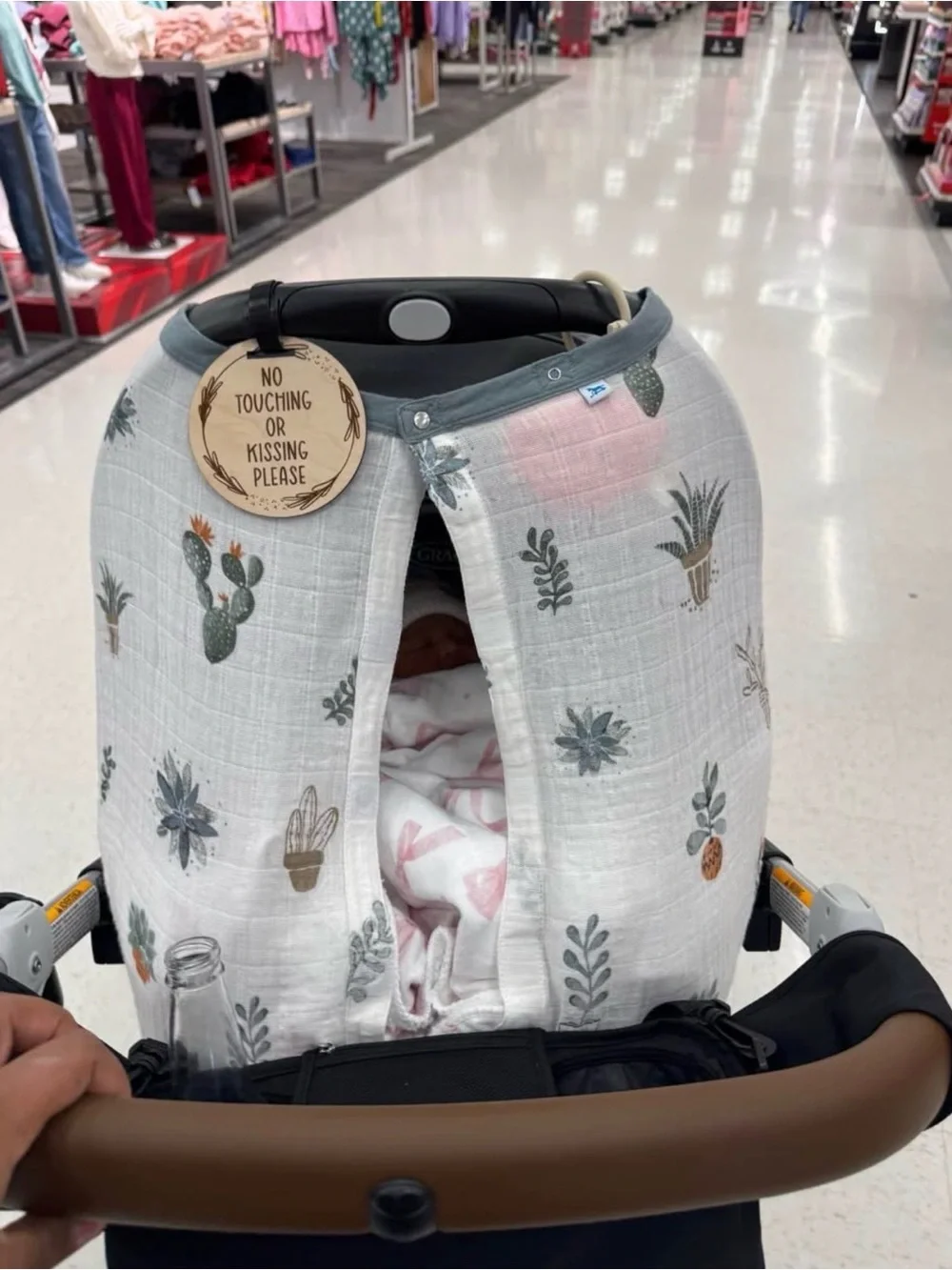 Neutral Cactus Print Baby Car Seat Canopy Cover - White & Green